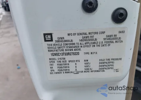 2003 Chevrolet Tahoe Lt from USA, damaged, VIN 1GNEC13T93R278220